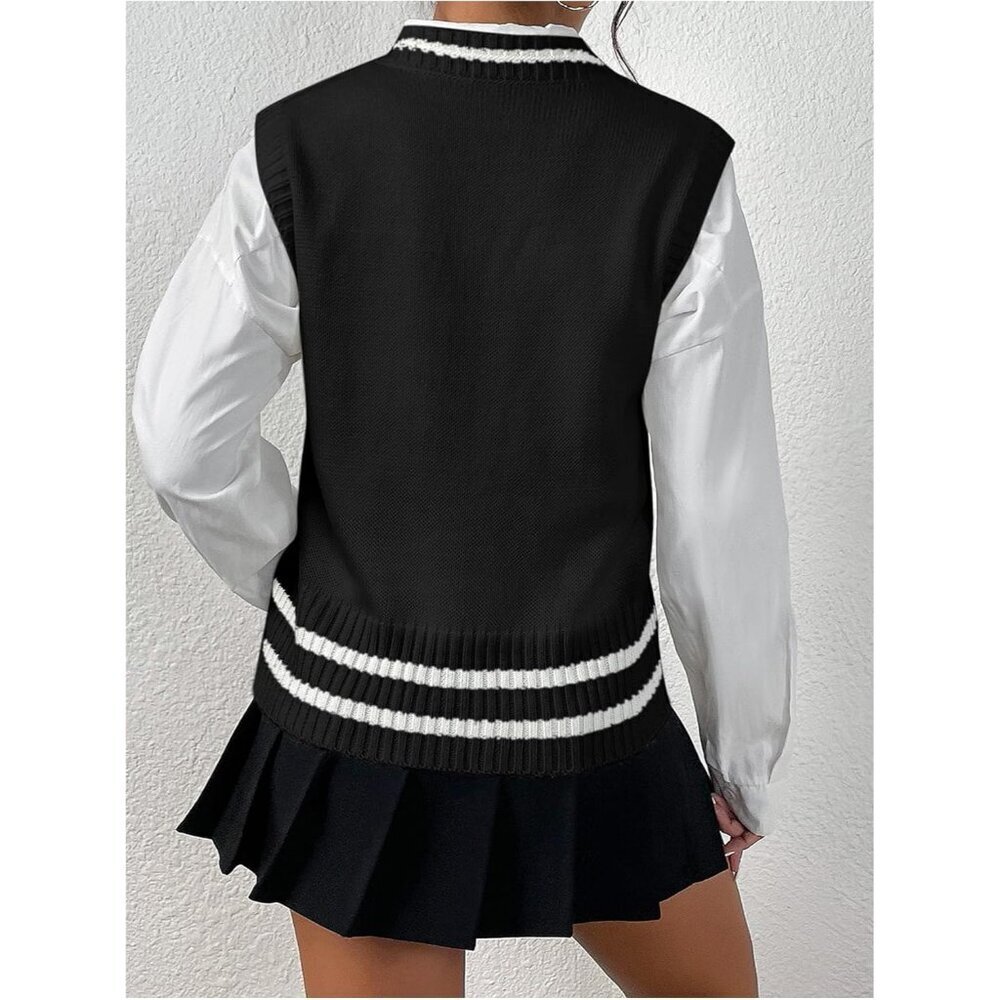 Women's Cable Knit Sweater Vest Sleeveless V Neck Knitted Tank Top Black - Picture 2 of 4
